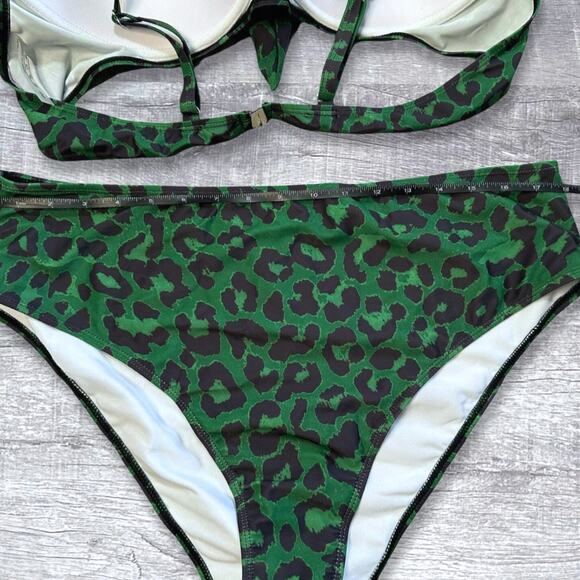 Green Leopard Knot Front Push Up Bikini Swimsuit NEW Plus 3X High Waist Bottom - Picture 7 of 9